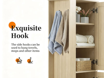 Tall Freestanding Bathroom Storage Cabinet With Adjustable Shelves And Side Hooks