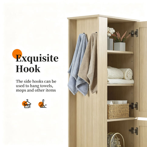 Tall Freestanding Bathroom Storage Cabinet With Adjustable Shelves And Side Hooks