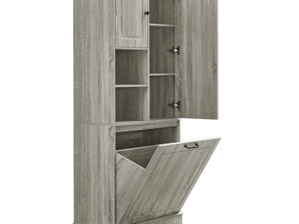 Modern Tall Storage Cabinet With Adjustable Shelves, Flip-Out Basket & Enclosed Doors