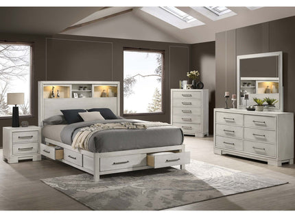 Transitional Bed With Smooth Gliding Drawers, Built In Lights, Open Headboard Shelves