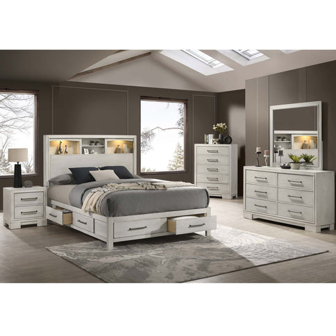 Transitional Bed With Smooth Gliding Drawers, Built In Lights, Open Headboard Shelves