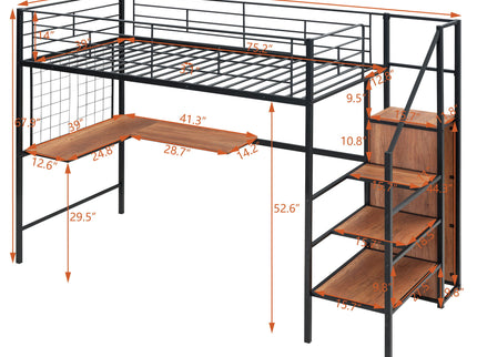 Loft Bed With Desk And Grid, Stylish Frame With Lateral Storage Ladder And Wardrobe