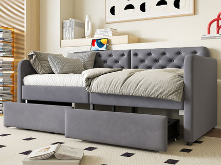 Twin Size Upholstered Daybed With 2 Storage Drawers And USB Charging Design - Gray