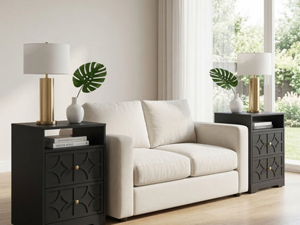 Nightstand With Diamond Carvings Handles, 2 Drawers & Charging Station