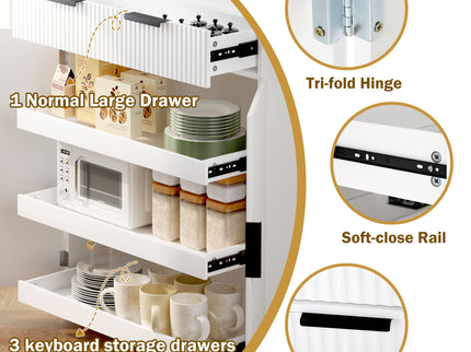 Fluted Kitchen Pantry Cabinet With 3 Keyboard Drawers & 6 Adjustable Door Shelves