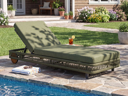 Outdoor Chaise Lounge With Wheels, 5 Position Adjustable Backrest