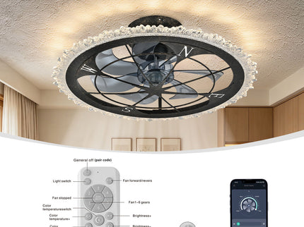 Caged Ceiling Fan & Remote Controlled Dimmable LED Lights, Flush Mount Fan, Low Profile Design - Antique Black