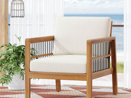 Club Chair With Slat Panel Design - Teak / Beige