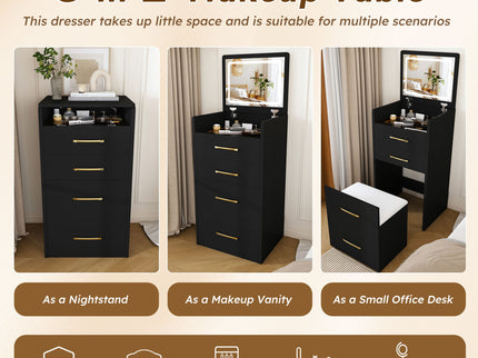 3 In 1 Vanity Desk With Open Top Mirror, Glass Desktop Makeup Set With 3 Drawers, Compact Dressing Table For Bedroom - Black