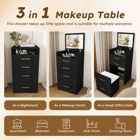 3 In 1 Vanity Desk With Open Top Mirror, Glass Desktop Makeup Set With 3 Drawers, Compact Dressing Table For Bedroom - Black