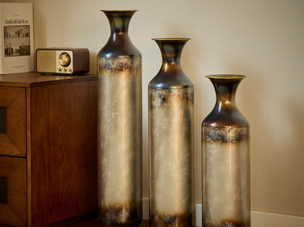 Modern Droplet Shaped Floor Vase Set, Glazed Metal Decorative Vases 3 Piece Home Accent For Living Room - Gold / White