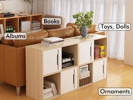 Storage Cabinet With Sliding Doors, 2 Tier Open And Closed Shelves Organizer - Natural / White