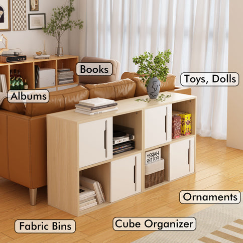 Storage Cabinet With Sliding Doors, 2 Tier Open And Closed Shelves Organizer - Natural / White