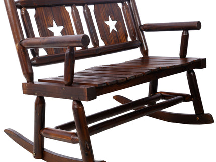 Rustic Outdoor Wood Rocking Bench Double Rocking Chair For 2 Persons With Curved Seat, Porch Rocker - Brown