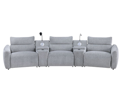 Fullar - Modular Power Motion Sectional Sofa With Console, 2 Wireless Chargers, 4 Cupholders, And 2 Speakers, 1 Phone Holder And 1 Reading Light, Adjustable Headrest - Light Gray