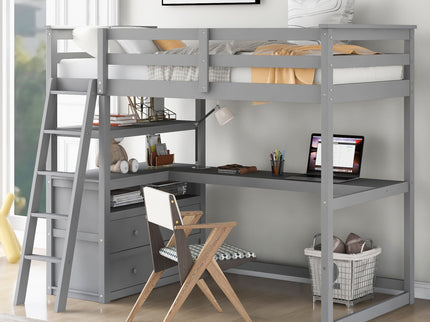 Modern Loft Bed With Built In Desk, Shelves, And 2 Drawers