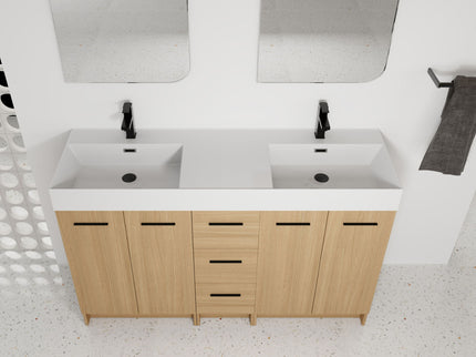 Double Sink Bathroom Vanity With 3 Drawers, Large Storage, Integrated Sink, Freestanding Cabinet, Soft Close Hardware - Glossy White / Light Oak