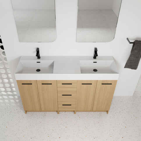 Double Sink Bathroom Vanity With 3 Drawers, Large Storage, Integrated Sink, Freestanding Cabinet, Soft Close Hardware - Glossy White / Light Oak
