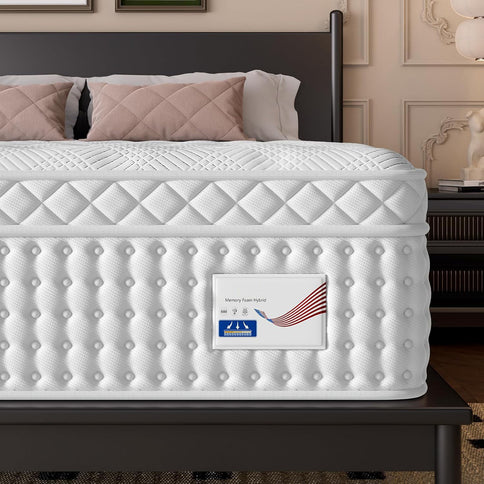 12" King Hybrid Mattress, Memory Foam & Pocket Spring Bed, Medium Firm Comfort, Spine Support, Quiet & Breathable - White