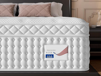 12" Hybrid Mattress, Memory Foam & Pocket Spring Bed, Medium Firm Comfort, Spine Support, Quiet & Breathable - White - King