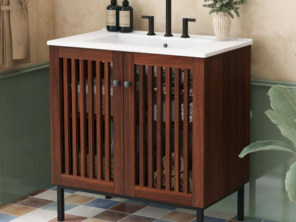 30" Vintage Bathroom Vanity With Ceramic Sink, Modern Bathroom Vanity Cabinet With 2 Soft Close Doors, Equpiied With 4 Sturdy Iron Legs - Antique Dark Brown