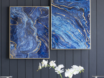 Framed Art Panels, Unique Marbled Design (Set of 2) - Blue