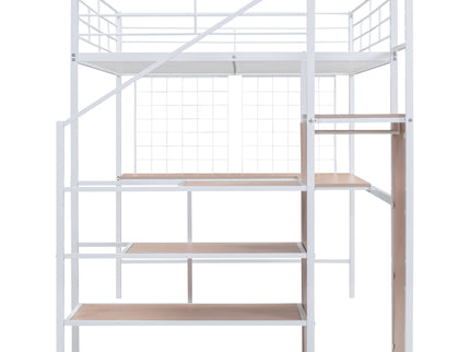 Loft Bed With Desk And Grid, Stylish Frame With Lateral Storage Ladder And Wardrobe