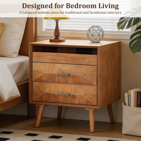Nightstand With Charging Station, 2 Drawers And Open Shelf, USB / Type C Ports