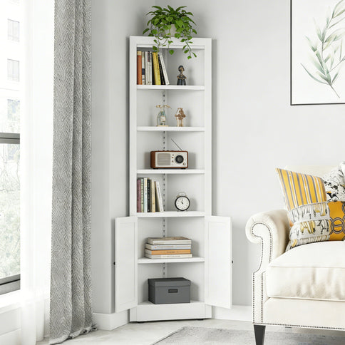 Tall Corner Storage Cabinet With 2 Doors, 5-Tier With Adjustable Shelves, Freestanding - White