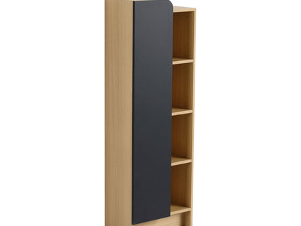 Tall Freestanding Bathroom Side Cabinet With Single Door & 4 Tier Open Shelves - Black / Light Oak / White