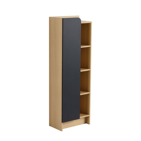 Tall Freestanding Bathroom Side Cabinet With Single Door & 4 Tier Open Shelves - Black / Light Oak / White