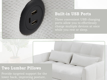 Loveseat Sofa Pull-Out Bed With Adjustable Backrest, 3 USB Ports And 2 Lumbar Pillows For Living Room