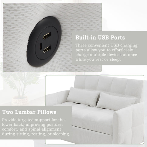 Loveseat Sofa Pull-Out Bed With Adjustable Backrest, 3 USB Ports And 2 Lumbar Pillows For Living Room
