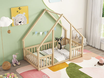 Wood House-Shaped Floor Bed With Fence, Guardrails