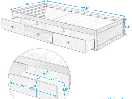 Twin Size Platform Storage Bed With 3 Drawers - White