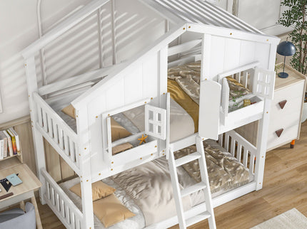 House Bunk Bed With Roof, Window, Window Box, Door, With Safety Guardrails And Ladder