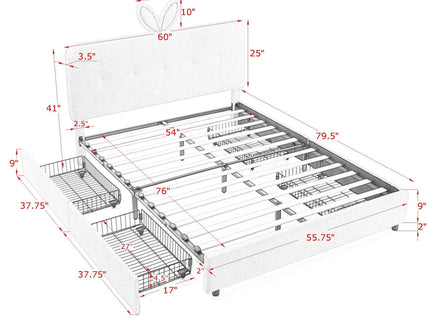 Upholstered Bed With Oversized Rabbit Ear Headboard, LED Lights & 4 Storage Drawers
