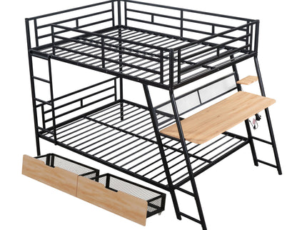 Full Size Bunk Bed With Built In Desk, Light, And 2 Drawers - Black