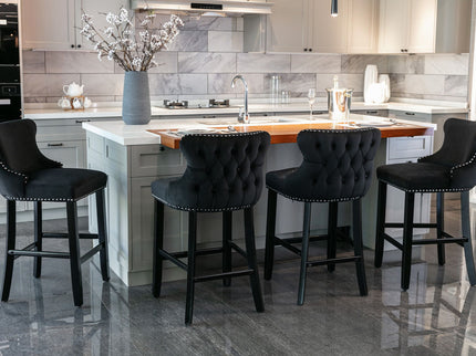 Contemporary Upholstered Wing-Back Barstools With Button Tufted Decoration And Wooden Legs, And Nailhead Trim, Leisure Style Bar Chairs, Bar Stools (Set of 2)