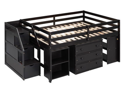Loft Bed With Retractable Writing Desk And 3 Drawers With Storage Stairs And Shelves