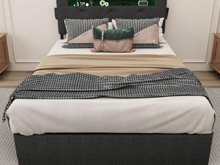 Bed With USB Charging Station, LED Lights, Headboard & Storage Drawers