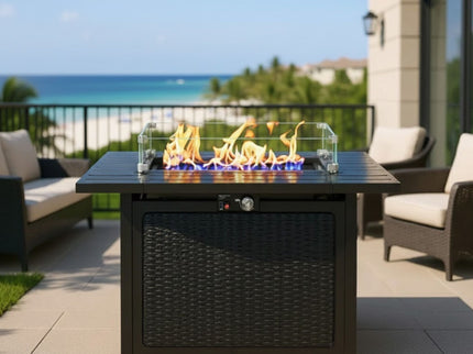 Outdoor 2 In 1 Propane Fire Pit Table With Lid & Glass Shield, Rectangular Fire Table, Lava Rock & Cover - Black