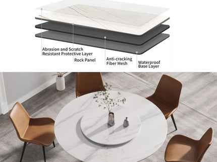 Modern Artificial Stone Round Carbon Steel Base Dining Table, Can Accommodate 6 People, Artificial Stone Turntable