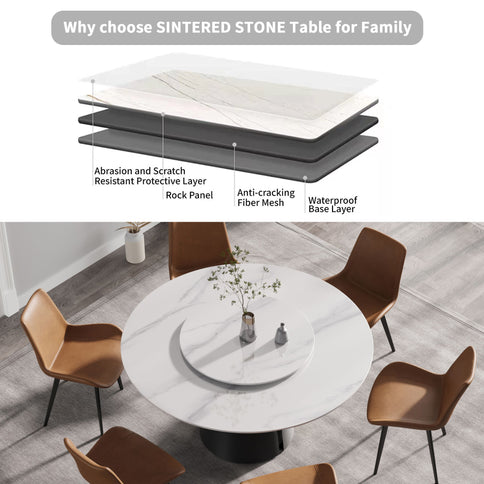 Modern Artificial Stone Round Carbon Steel Base Dining Table, Can Accommodate 6 People, Artificial Stone Turntable