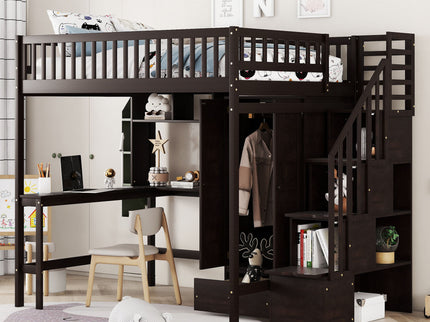 Loft Bed With Bookshelf, Drawers, Desk, And Wardrobe
