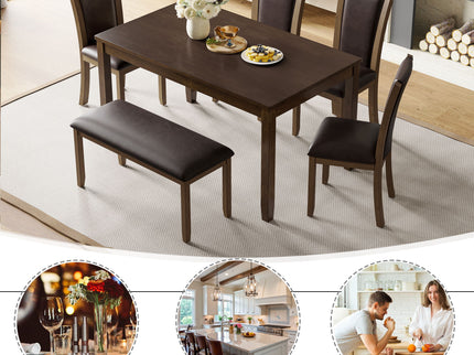 6 Piece Dining Table Set & Bench And Chairs For Dining Room - Dark Walnut