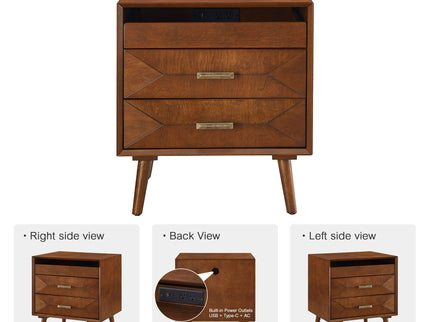 Nightstand With Charging Station, 2 Drawers And Open Shelf, USB / Type C Ports