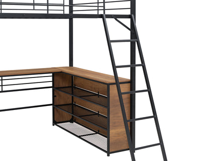 Full Size Loft Bed With 3 Layers Of Shelves And L-Shaped Desk - Black