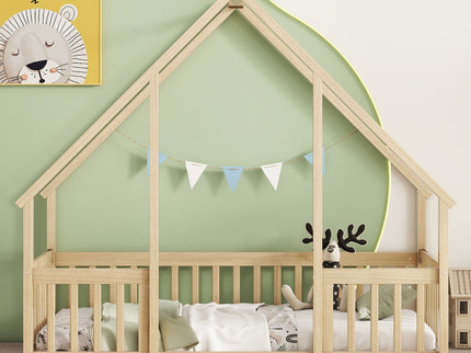 Wood House-Shaped Floor Bed With Fence, Guardrails