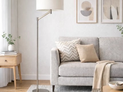 Serene - Floor Lamp With Rotary Switch Base Linen Shade - Brushed Nickel / White